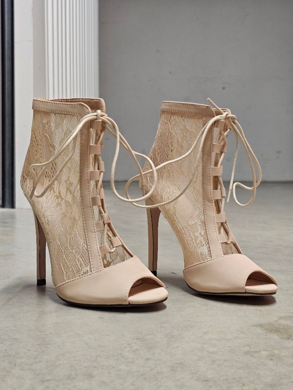 Peep Toe Lace-Up Stiletto Booties With Sheer Lace Panels Nude Beige High Heel An - Picture 8 of 12